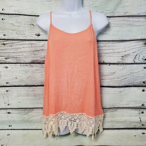 Vanity L Peach Tank Top with Crochet Lace Hem Boho Sleeveless Flowy Blouse